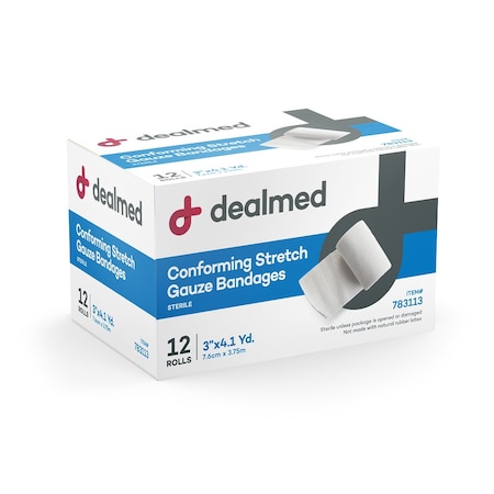 Dealmed Stretch Gauze Bandage Roll, Sterile, 3", 12/Bx, 8/Cs, 96PK 783113